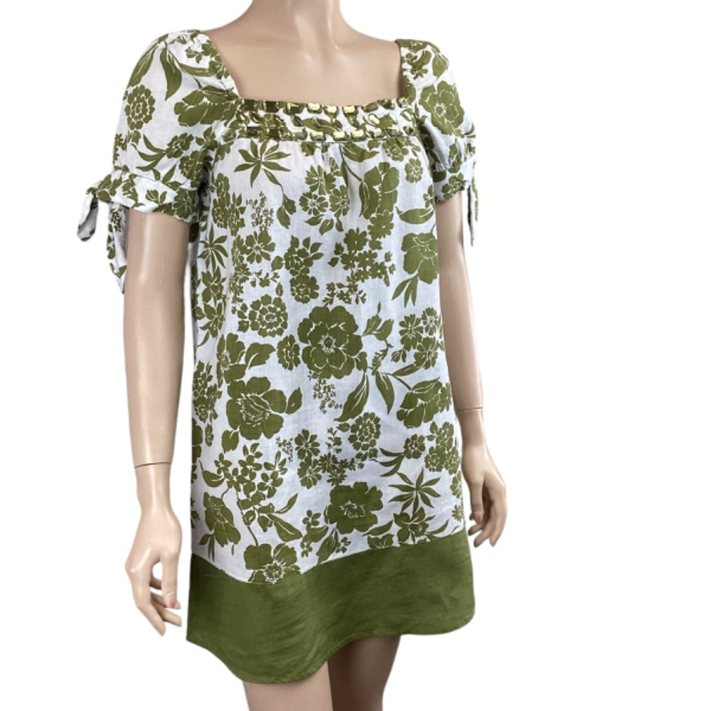 Alexandra Bartlett 100% Linen‎ White & Olive Green Dress Size Medium Puff Short - Picture 3 of 8